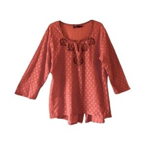 Prana | Coral Winnie Boho Mesh Lace Embroidered Peasant Top, Large
